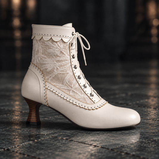 Women's Victorian Lace-Up Vintage Kitten Heel Ankle Boots with Scalloped Trim