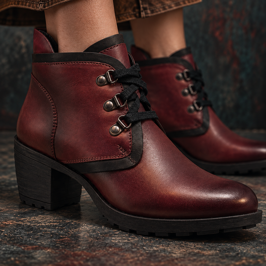 Rustic Genuine Leather Maroon Women's Chunky Heel Lace Up Boots