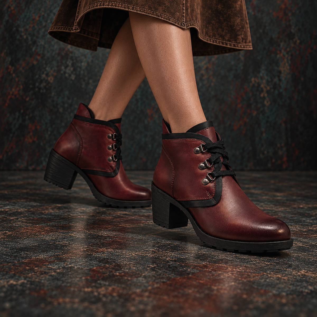Rustic Genuine Leather Maroon Women's Chunky Heel Lace Up Boots