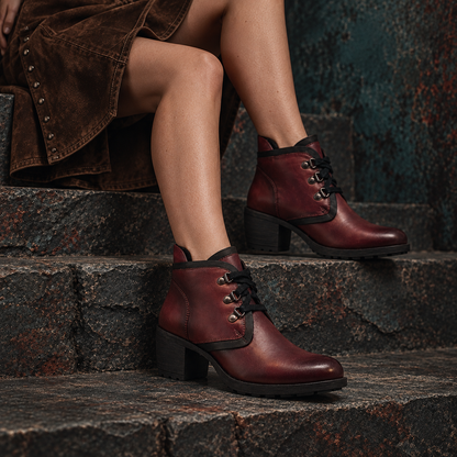 Rustic Genuine Leather Maroon Women's Chunky Heel Lace Up Boots