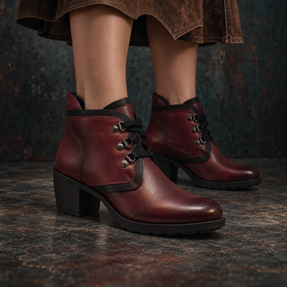 Rustic Genuine Leather Maroon Women's Chunky Heel Lace Up Boots