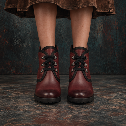Rustic Genuine Leather Maroon Women's Chunky Heel Lace Up Boots