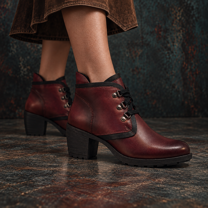 Rustic Genuine Leather Maroon Women's Chunky Heel Lace Up Boots