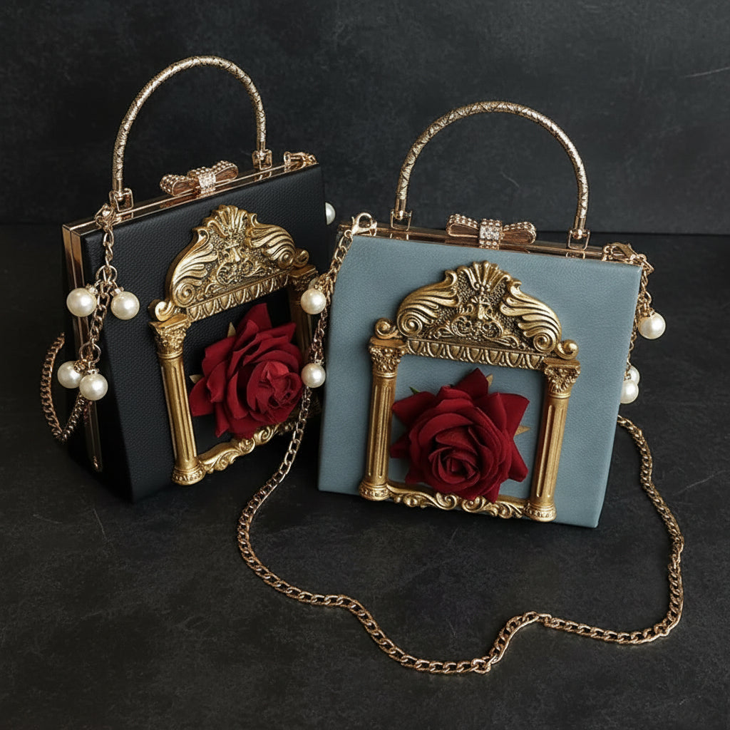 Vintage Ornate Rose & Gilded Baroque Frame Women's Faux Leather Crossbody Handbag