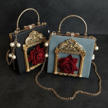 Vintage Ornate Rose & Gilded Baroque Frame Women's Faux Leather Crossbody Handbag