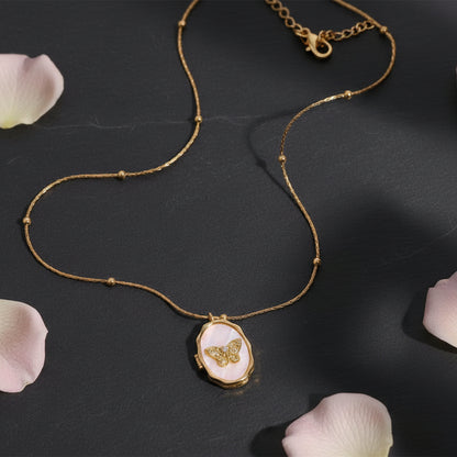 Vintage White Shell Golden Butterfly Photo Frame Gilded Locket Necklace