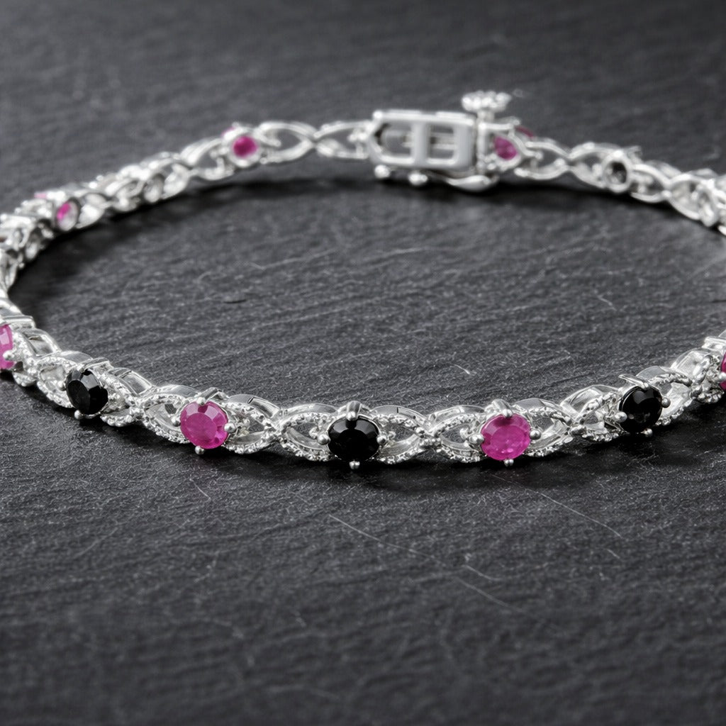 925 Sterling Silver Treated Black Diamond & Lab-Created Pink Ruby Bracelet