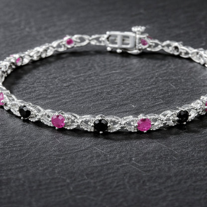 925 Sterling Silver Treated Black Diamond & Lab-Created Pink Ruby Bracelet