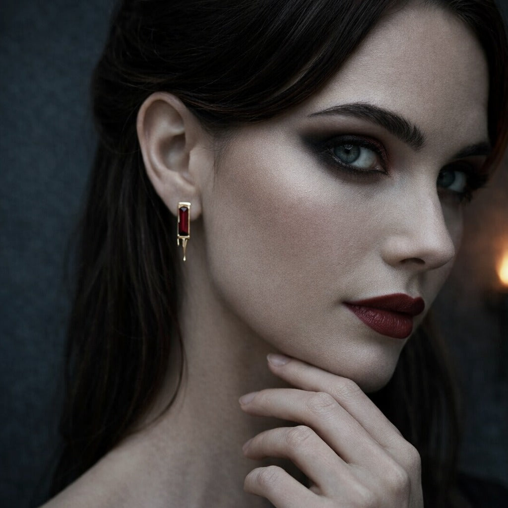 925 Sterling Silver Lava Red Cubic Zirconia Dripping Liquid Gold Stud Earrings