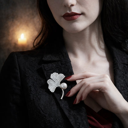 925 Sterling Silver Cubic Zirconia Ginkgo Leaf & Pearl Women's Brooch