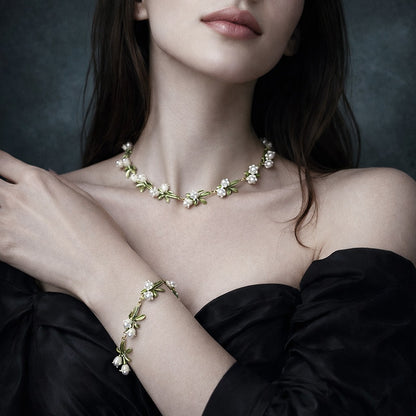 Women's Elegant White Bell Orchids Necklace or Bracelet with Imitation Pearls