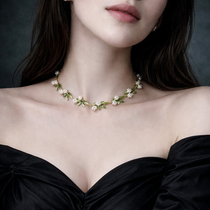 Women's Elegant White Bell Orchids Necklace or Bracelet with Imitation Pearls