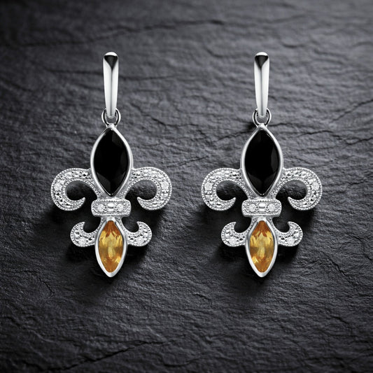 925 Sterling Silver Diamond Fleur De Lis Drop Earrings with Onyx & Citrine Gemstones