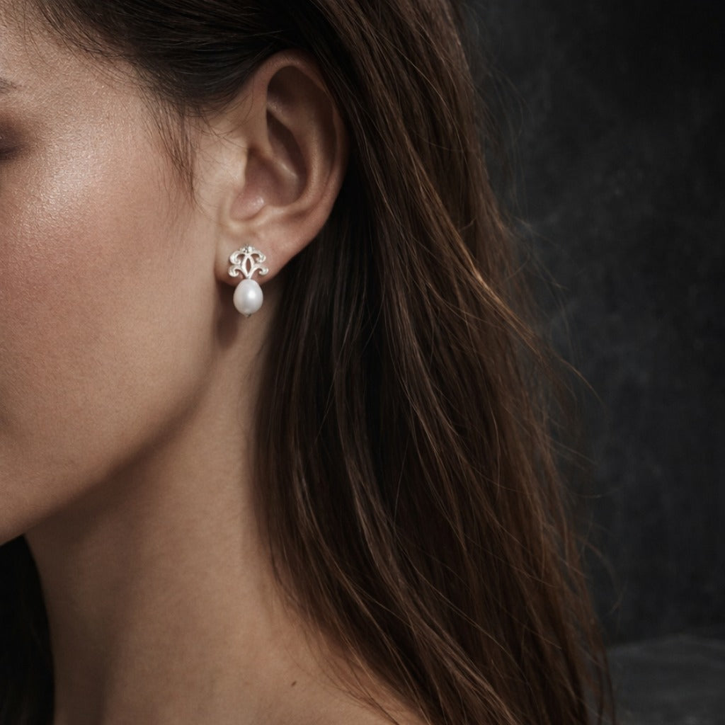 925 Sterling Silver Women's Vintage Filigree & Natural Pearl Water Drop Earrings