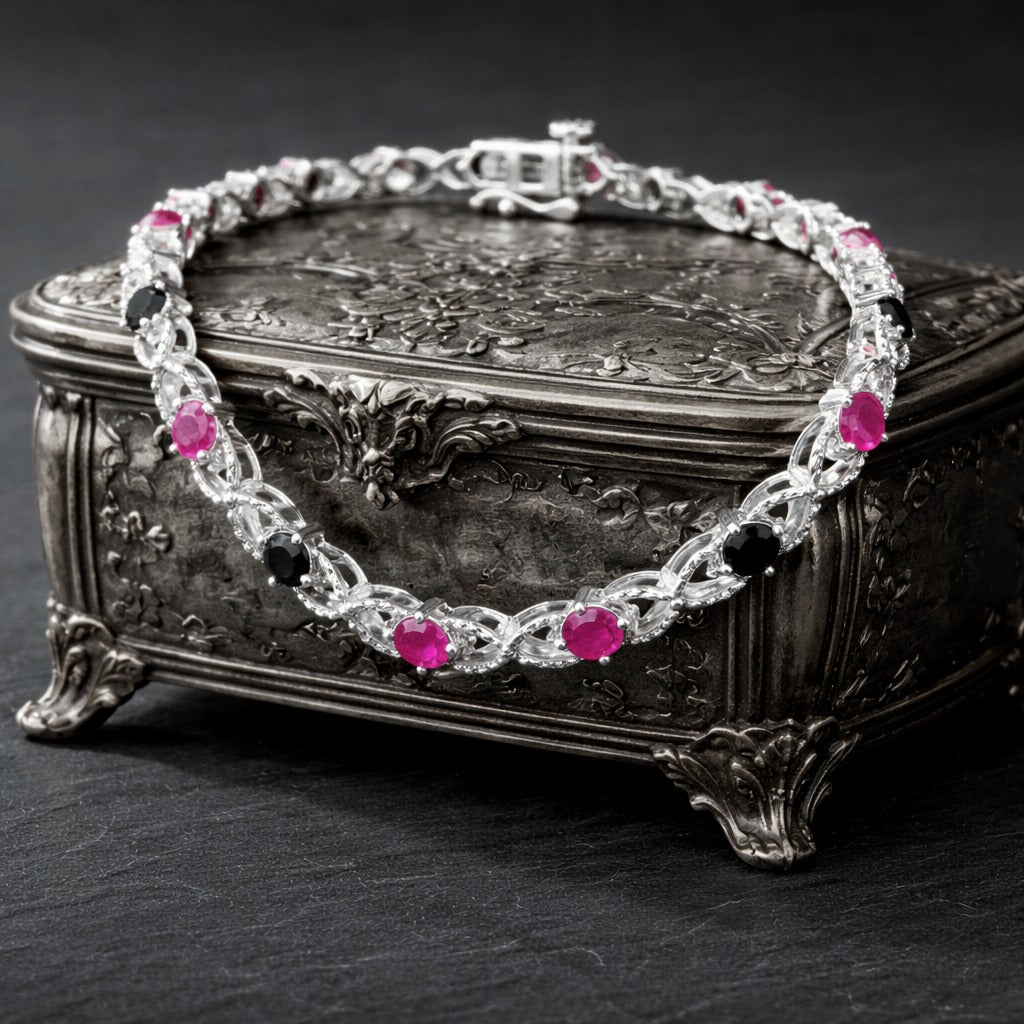 925 Sterling Silver Treated Black Diamond & Lab-Created Pink Ruby Bracelet