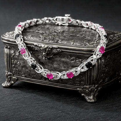 925 Sterling Silver Treated Black Diamond & Lab-Created Pink Ruby Bracelet
