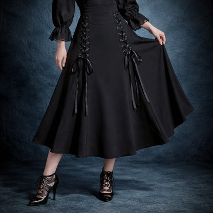 Victorian Gothic Women's Lace-Up A-Line Skirt with Elegant Godet Panels