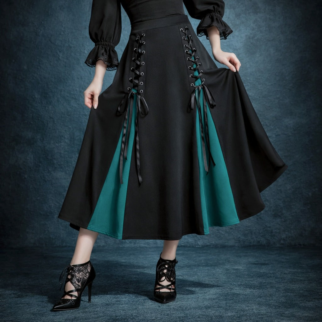 Victorian Gothic Women's Lace-Up A-Line Skirt with Elegant Godet Panels