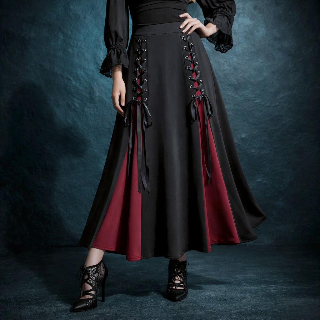 Victorian Gothic Women's Lace-Up A-Line Skirt with Elegant Godet Panels