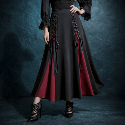 Victorian Gothic Women's Lace-Up A-Line Skirt with Elegant Godet Panels