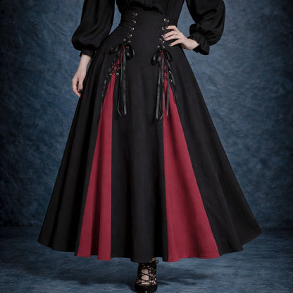 Victorian Gothic Women's Lace-Up A-Line Skirt with Elegant Godet Panels
