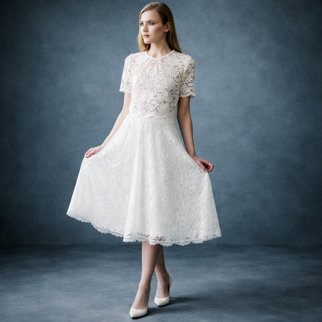 Women's Vintage Romantic White Lace Bridal A-Line Wedding Midi Skirt