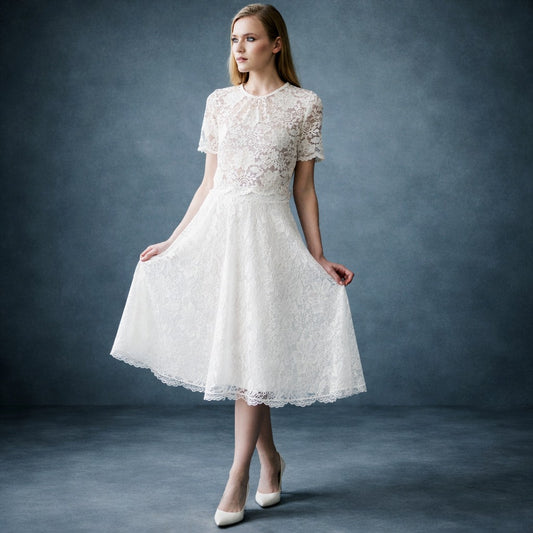 Women's Vintage Romantic White Lace Bridal A-Line Wedding Midi Skirt