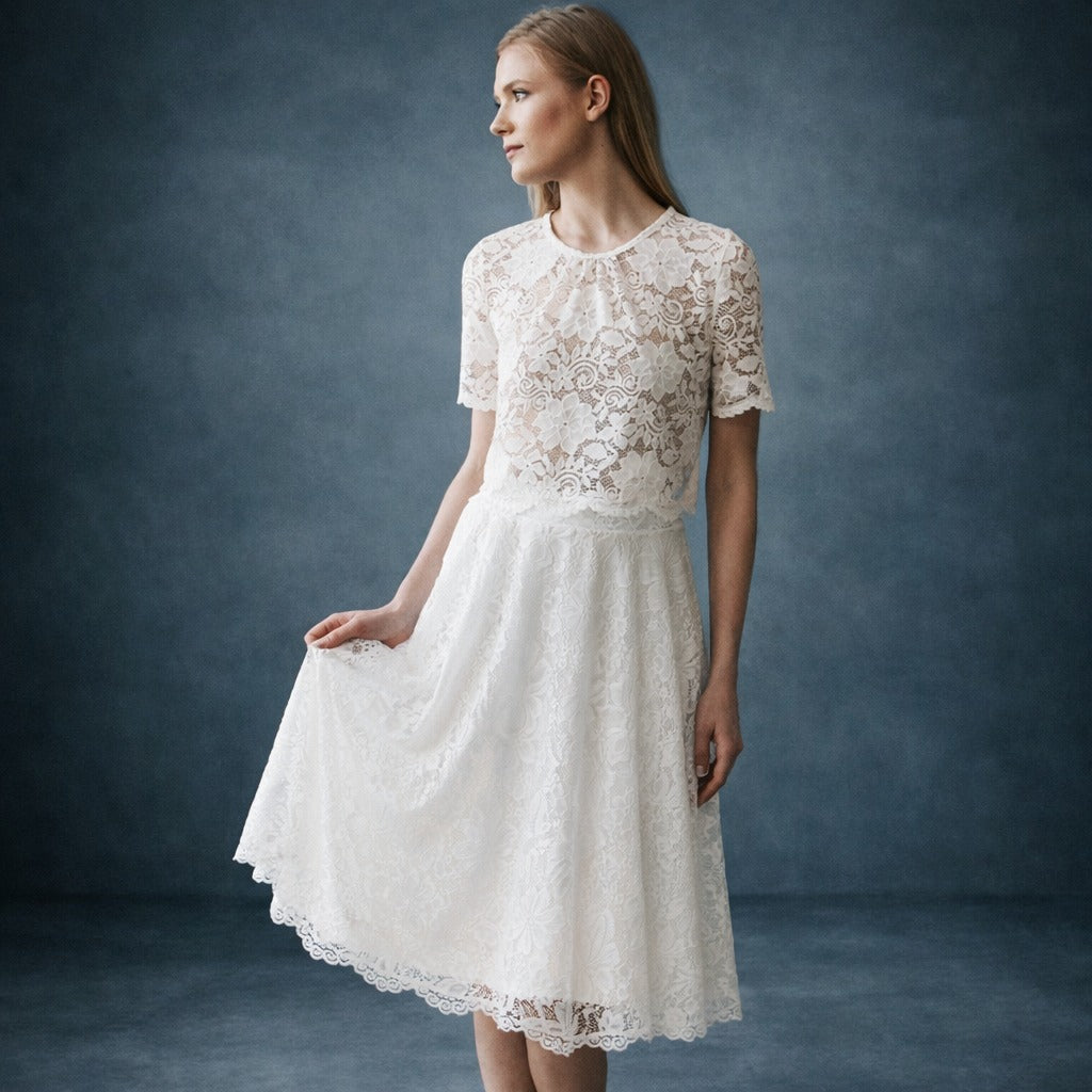 Women's Vintage Romantic White Lace Bridal A-Line Wedding Midi Skirt
