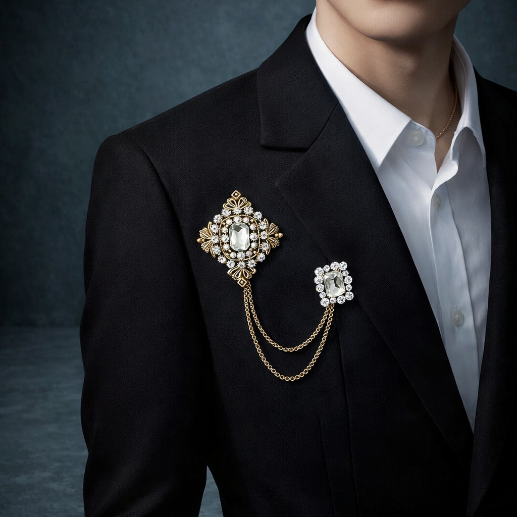 Men's Baroque Gold-Plated Tassel Chain Brooch with Emerald Green Gemstones