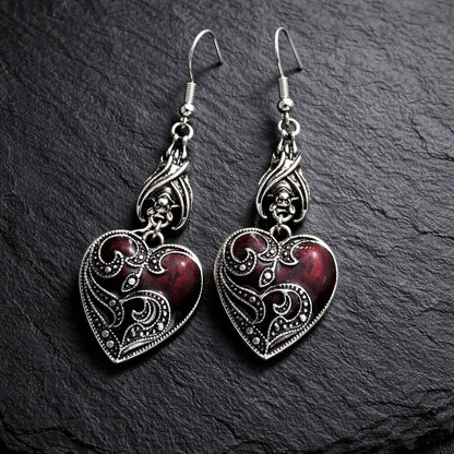 Antique Crimson & Silver Heart Gothic Dangle Earrings with Bat Detail