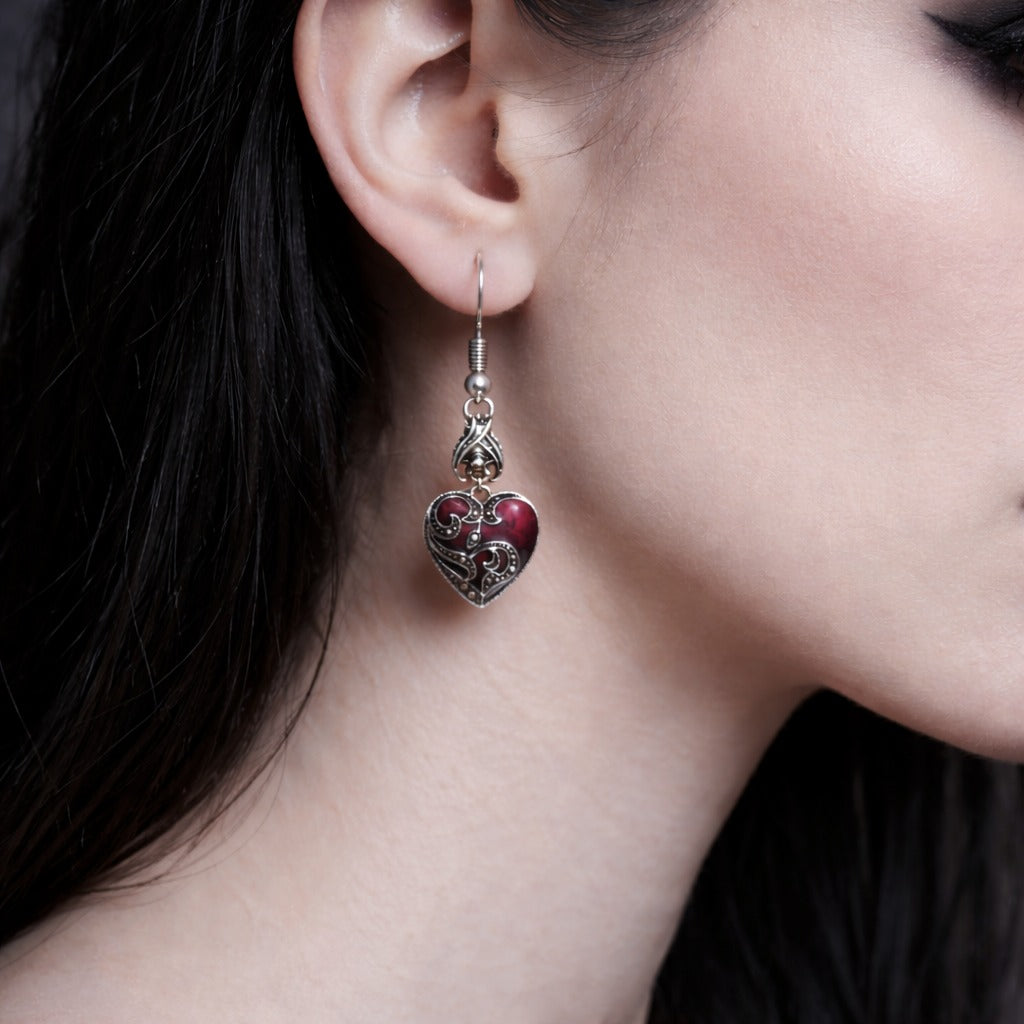 Antique Crimson & Silver Heart Gothic Dangle Earrings with Bat Detail