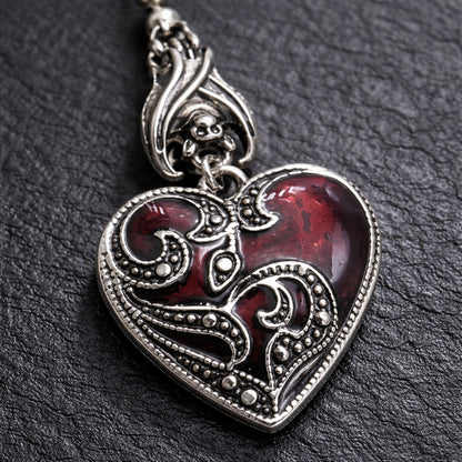 Antique Crimson & Silver Heart Gothic Dangle Earrings with Bat Detail