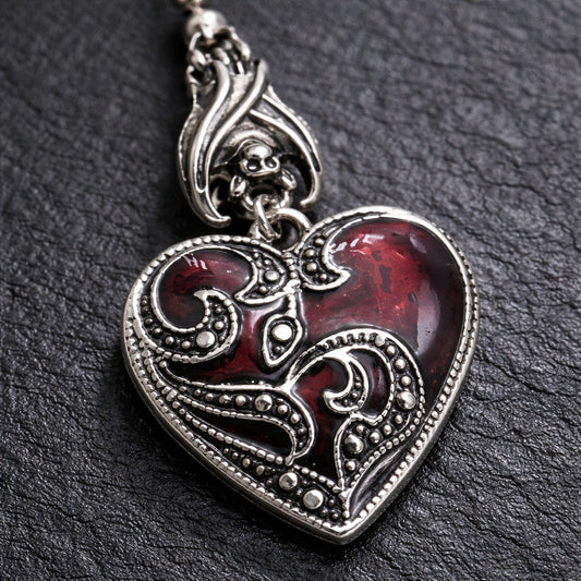 Antique Crimson & Silver Heart Gothic Dangle Earrings with Bat Detail