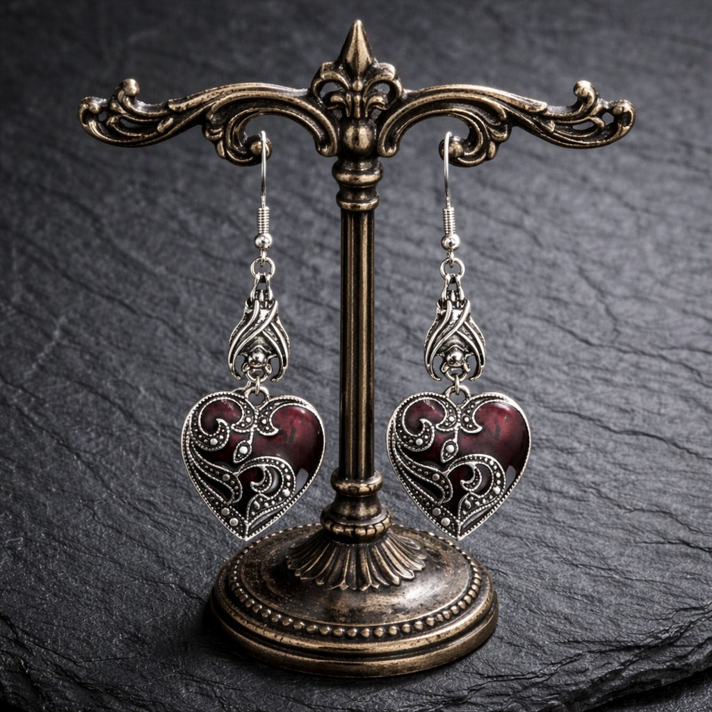 Antique Crimson & Silver Heart Gothic Dangle Earrings with Bat Detail