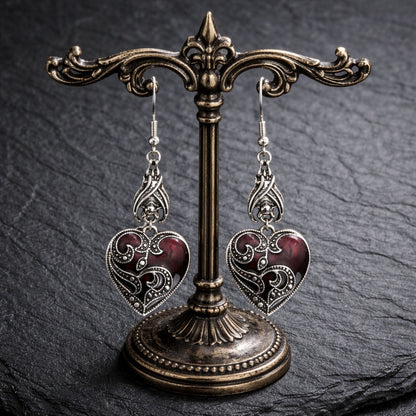 Antique Crimson & Silver Heart Gothic Dangle Earrings with Bat Detail