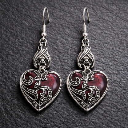 Antique Crimson & Silver Heart Gothic Dangle Earrings with Bat Detail