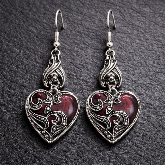 Antique Crimson & Silver Heart Gothic Dangle Earrings with Bat Detail