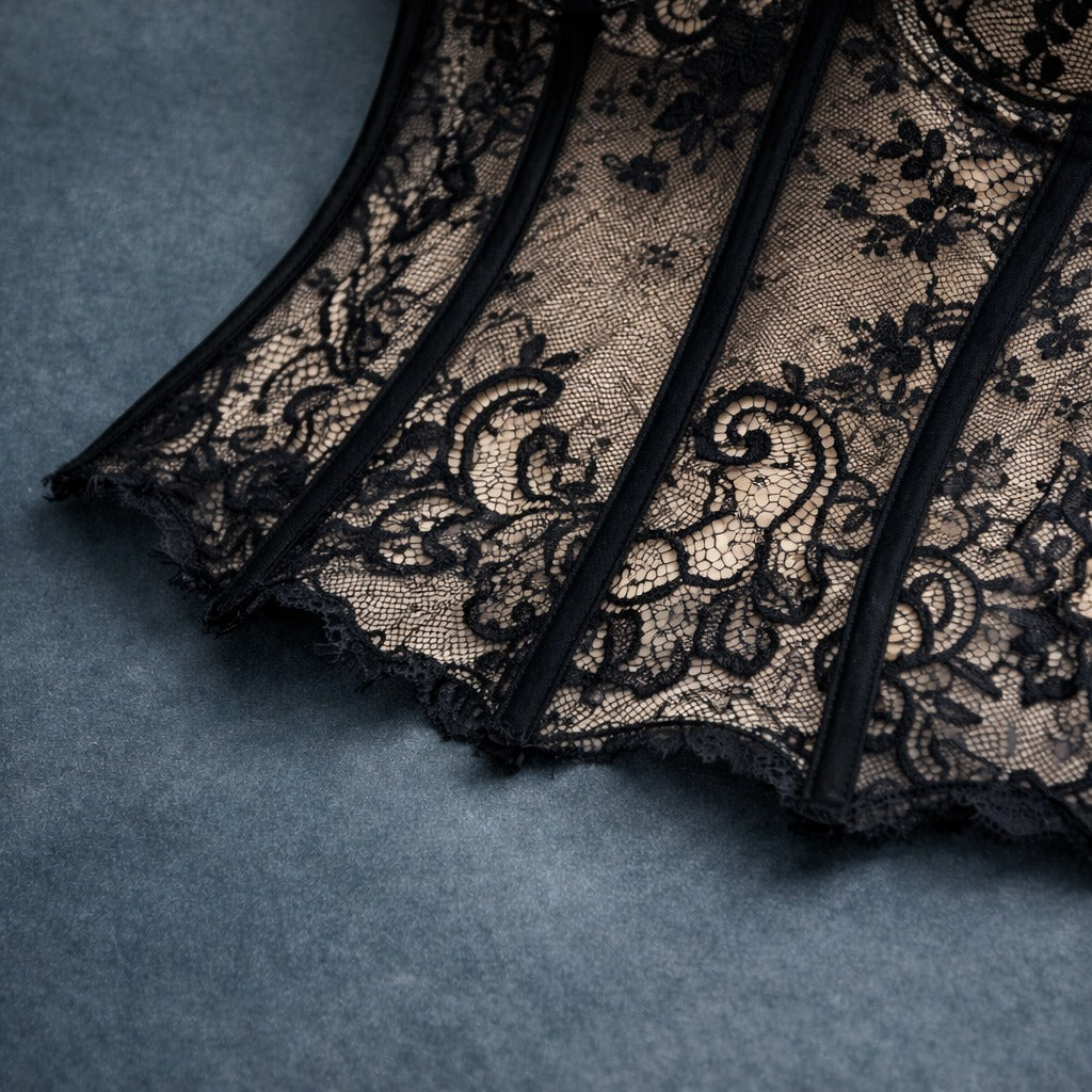 Gothic Floral Lace Women's Overbust Boned Corset Top with Sheer Mesh