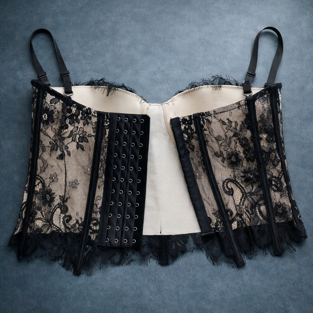 Gothic Floral Lace Women's Overbust Boned Corset Top with Sheer Mesh