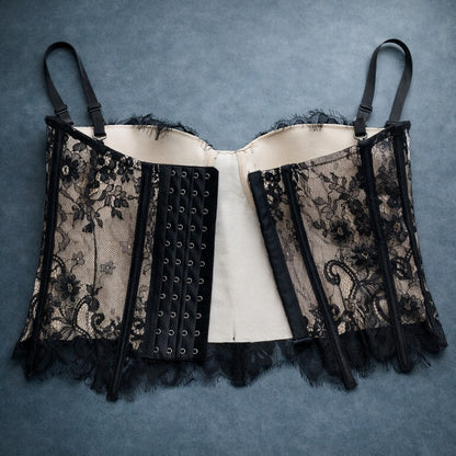 Gothic Floral Lace Women's Overbust Boned Corset Top with Sheer Mesh