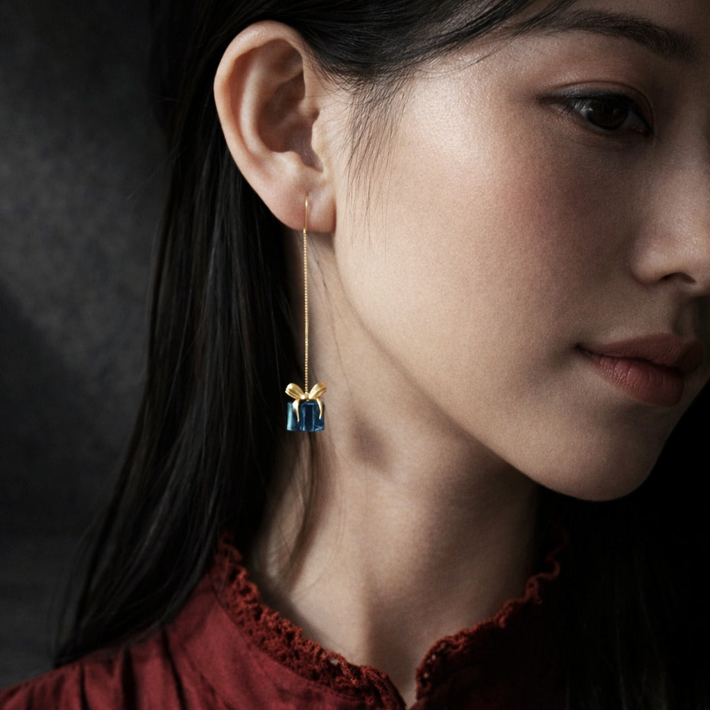 925 Sterling Silver Colorful Crystal Glass Christmas Presents Drop Earrings