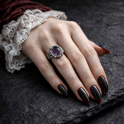 925 Sterling Silver Natural Purple Amethyst & Diamond Oval Prong Set Ring