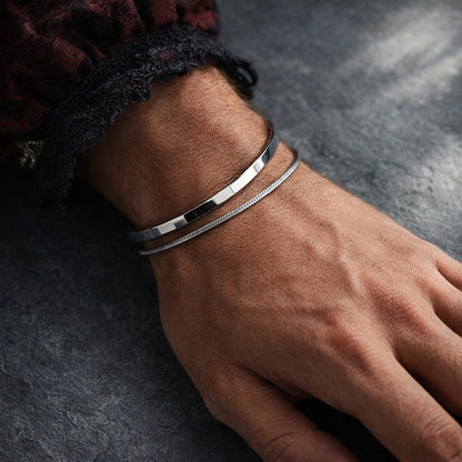 925 Sterling Silver & 14K Gold Plated Men's Stackable Cuff & Thin Chain Bracelets