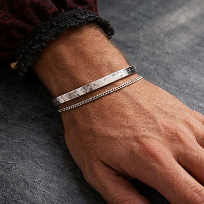 925 Sterling Silver & 14K Gold Plated Men's Stackable Cuff & Thin Chain Bracelets