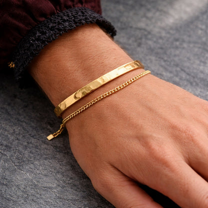 925 Sterling Silver & 14K Gold Plated Men's Stackable Cuff & Thin Chain Bracelets