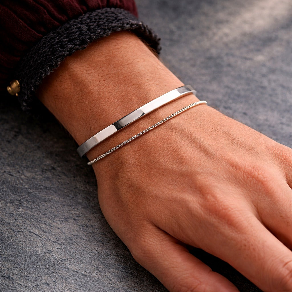 925 Sterling Silver & 14K Gold Plated Men's Stackable Cuff & Thin Chain Bracelets