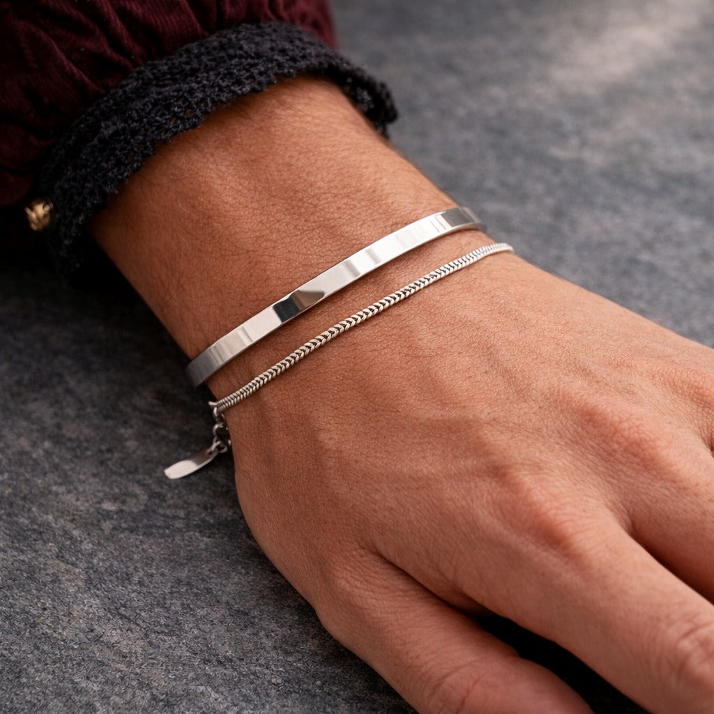 925 Sterling Silver & 14K Gold Plated Men's Stackable Cuff & Thin Chain Bracelets