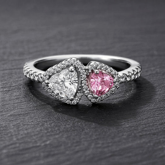 925 Sterling Silver Pandora Replica Halo Double Heart Zircon Ring