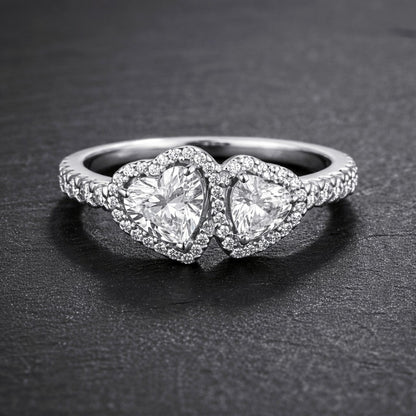 925 Sterling Silver Pandora Replica Halo Double Heart Zircon Ring