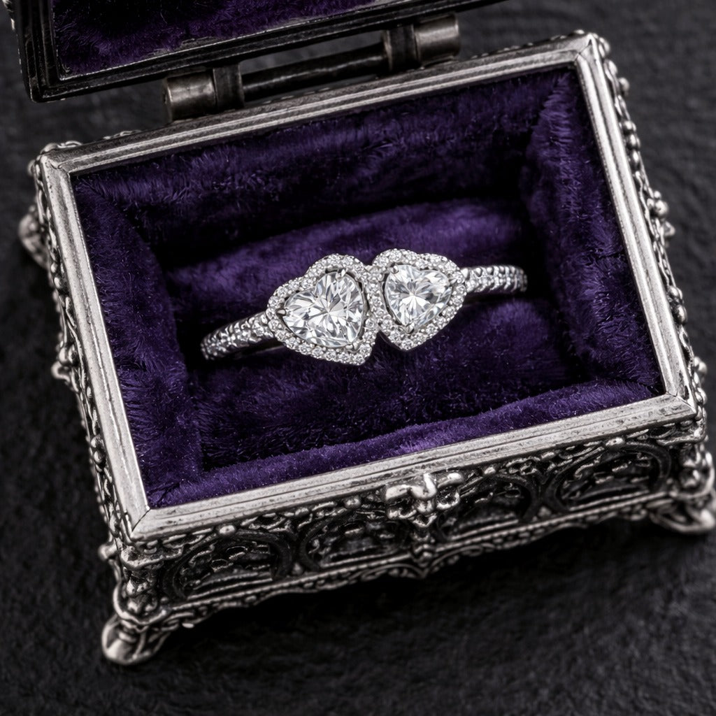 925 Sterling Silver Pandora Replica Halo Double Heart Zircon Ring